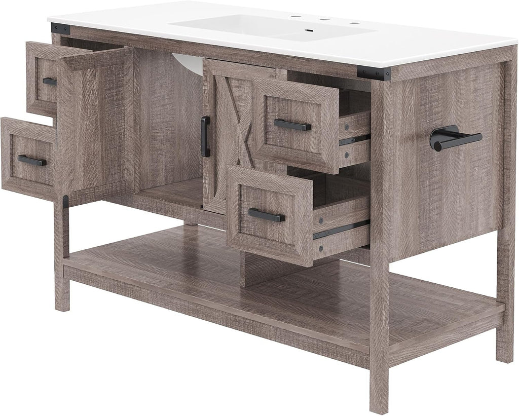 AMERLIFE 48' Farmhouse Bathroom Vanity with Sink, Freestanding Cabinet with 4 Drawers, Double Barn Doors & Open Shelf, Rustic Storage for Master or Family Bathroom, Light Gray