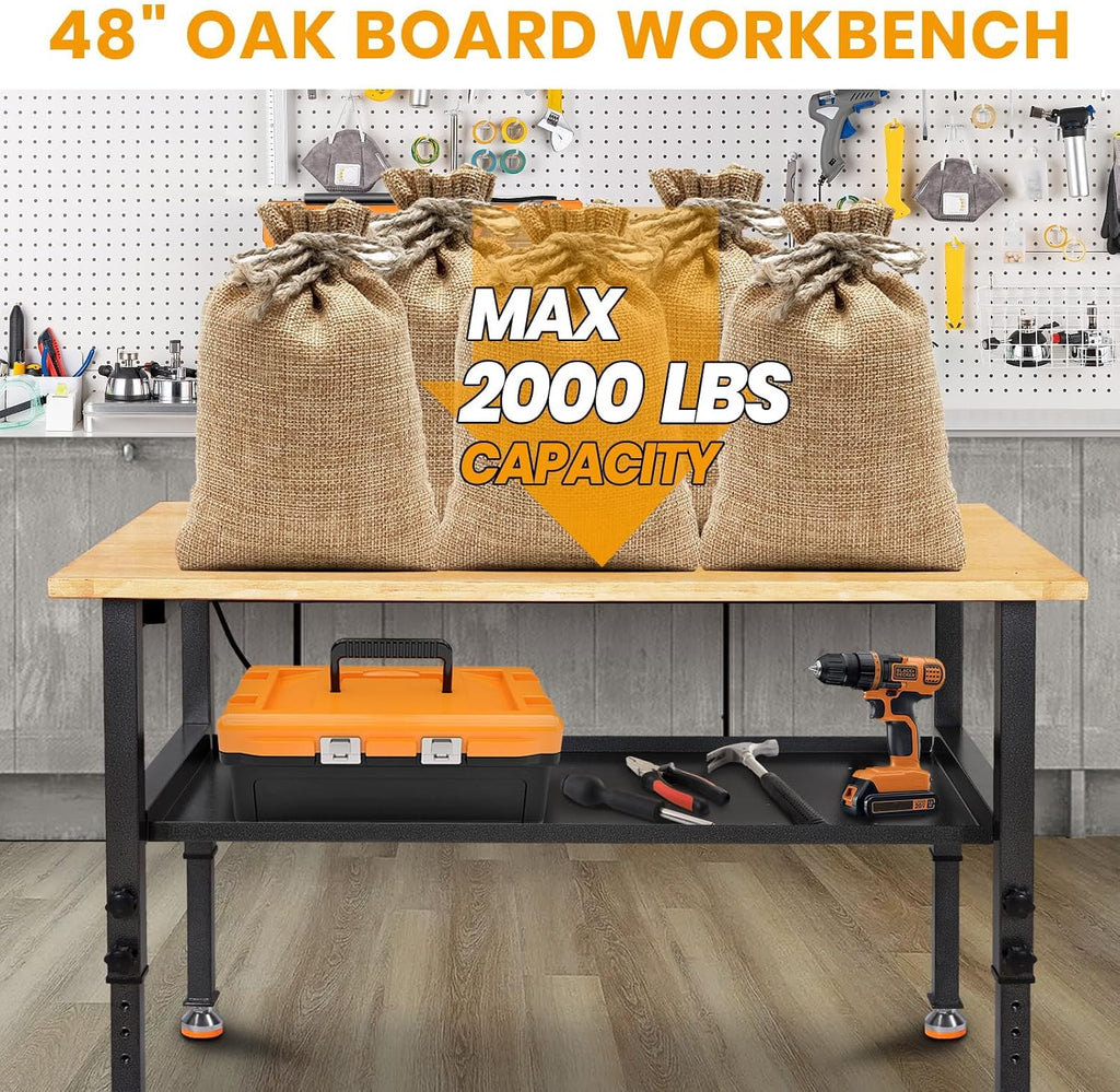 48'/60'' Adjustable Workbench, Rubber Wood Top Work Bench Heavy-Duty Work Table w/Power Outlet, Partition,2000 LBS Load Capacity Work Benches for Garage, Workshop, Home, Office, Easy Assembly