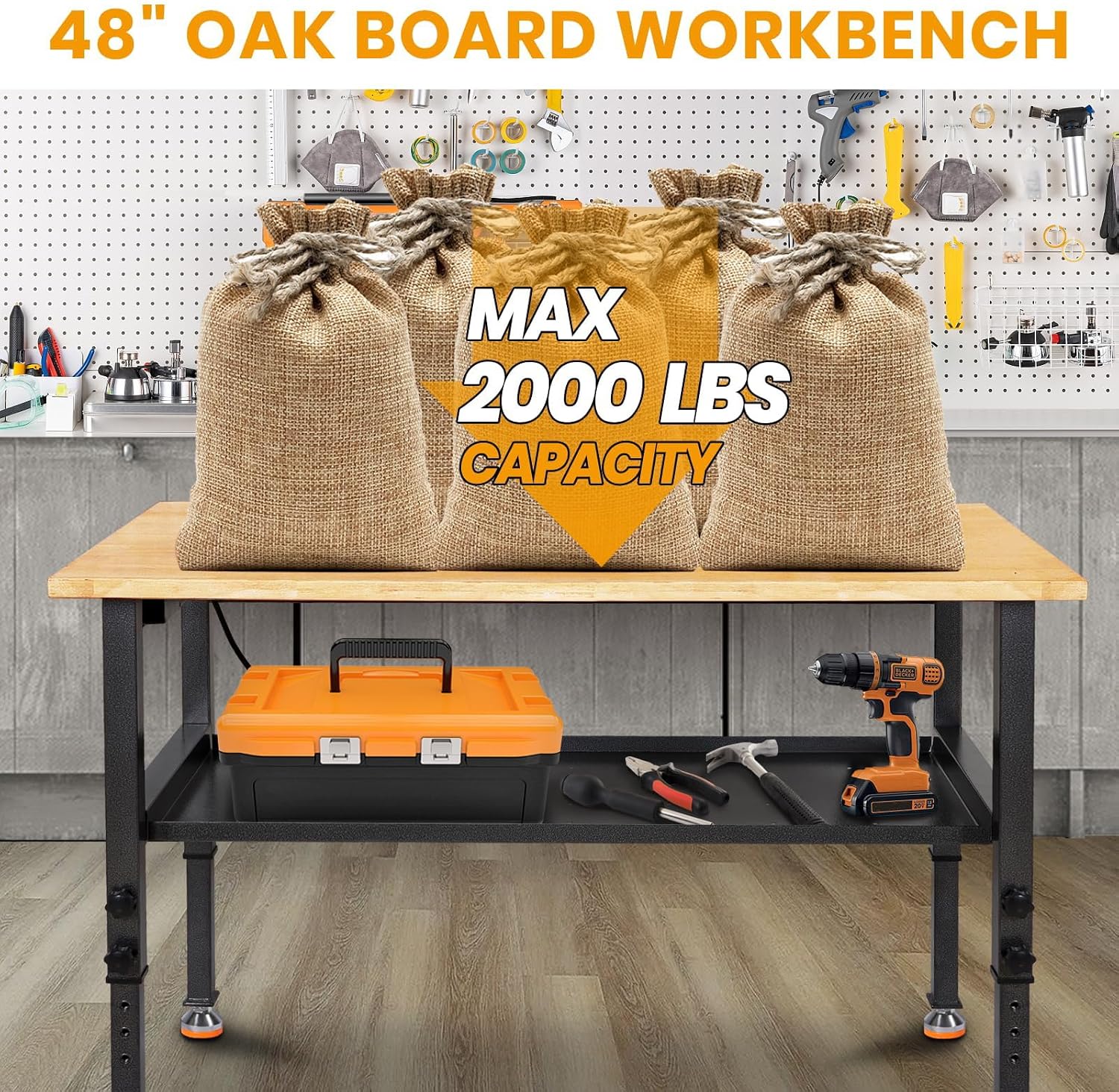 48'/60'' Adjustable Workbench, Rubber Wood Top Work Bench Heavy-Duty Work Table w/Power Outlet, Partition,2000 LBS Load Capacity Work Benches for Garage, Workshop, Home, Office, Easy Assembly