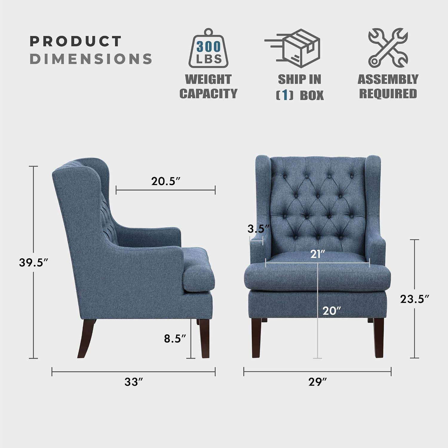Lexicon Living Room Accent Chair, Textured Fabric Upholstered Reading Chair, Button-Tufted, High Wingback for Living Room/Bedroom/Office, Blue