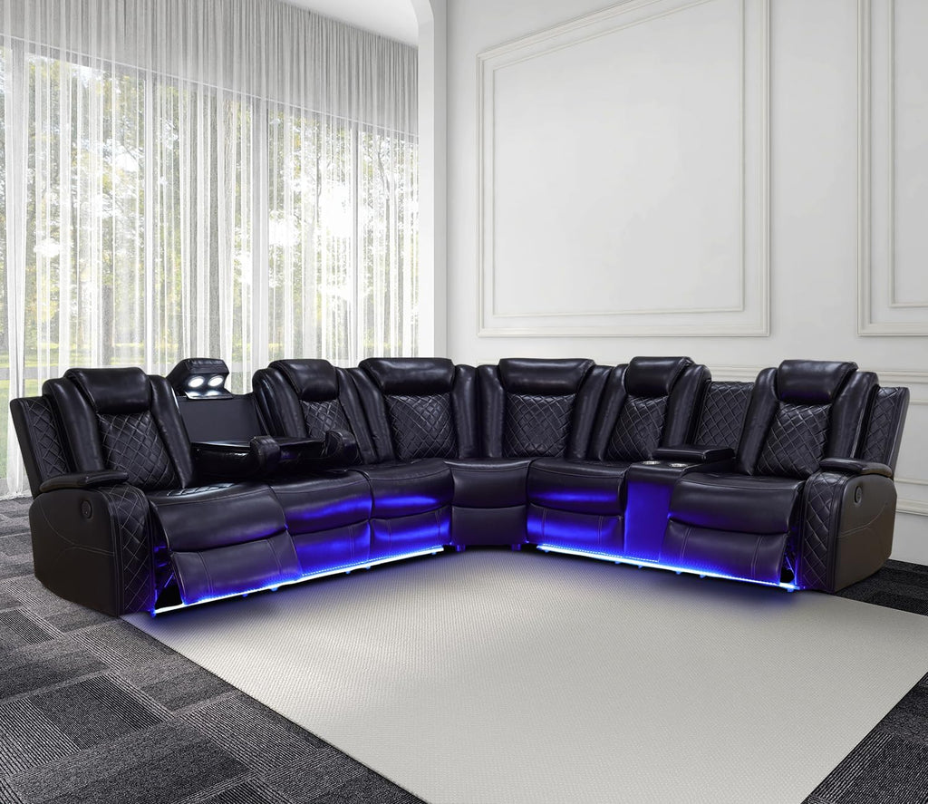 Power Recliner Sofa Sectional Couch with LED Light for Living Room,Leather Reclining Corner Sectional Sofa with 2 Recliner Seats,Cup Holder,Storage Console for House/Home Theater, Black