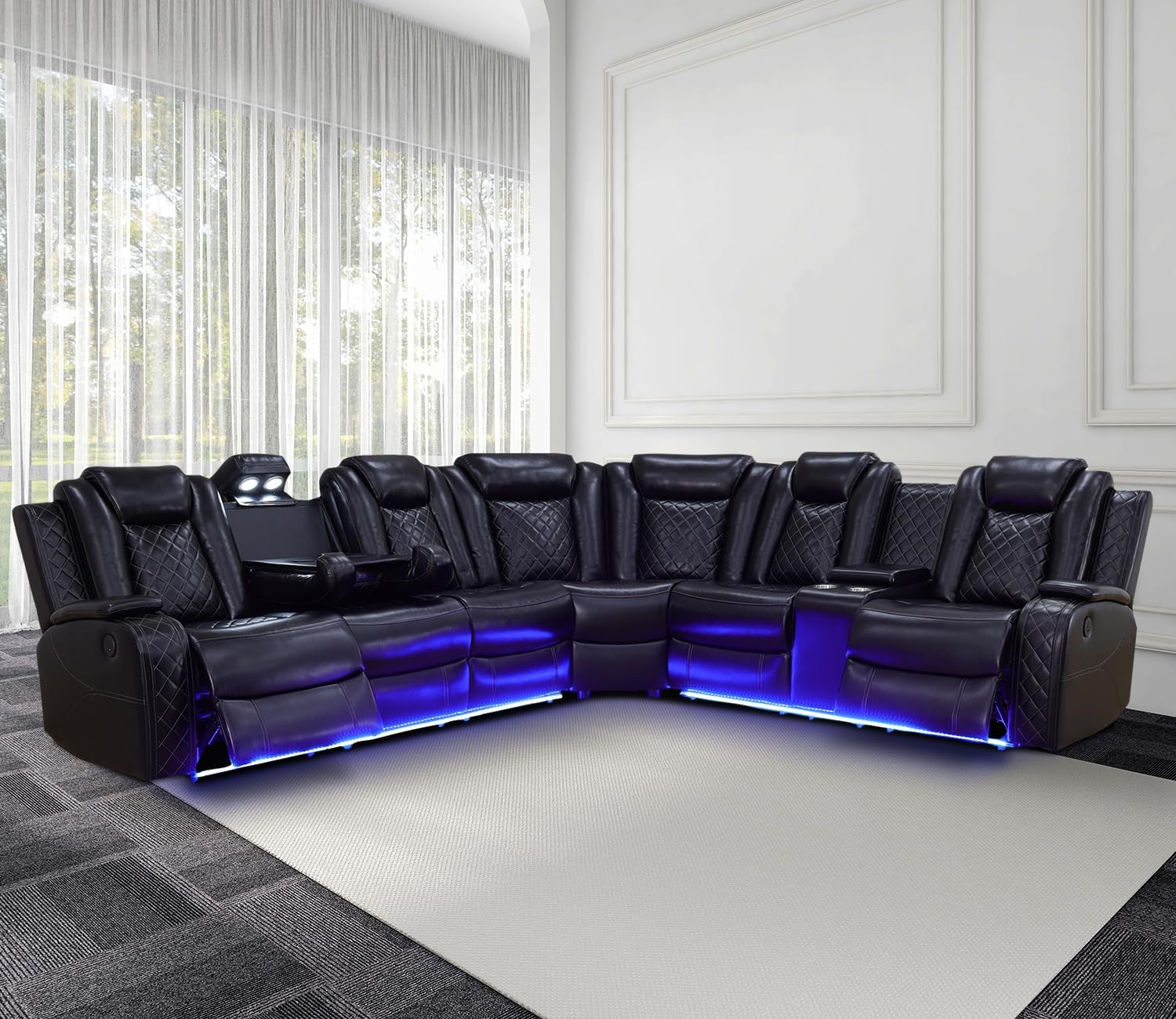Power Recliner Sofa Sectional Couch with LED Light for Living Room,Leather Reclining Corner Sectional Sofa with 2 Recliner Seats,Cup Holder,Storage Console for House/Home Theater, Black