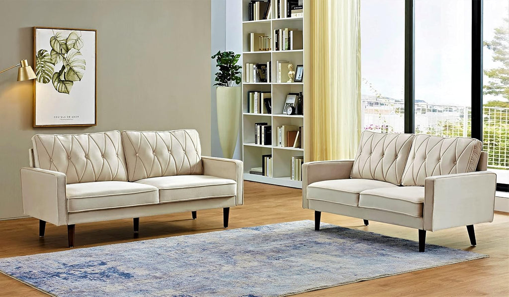 Container Furniture Modern Style Tufted Velvet Couches for Living Room with Soft Fabric Upholstery and Solid Wood Frame, 2 Piece Sofa and Loveseat Set, Ivory