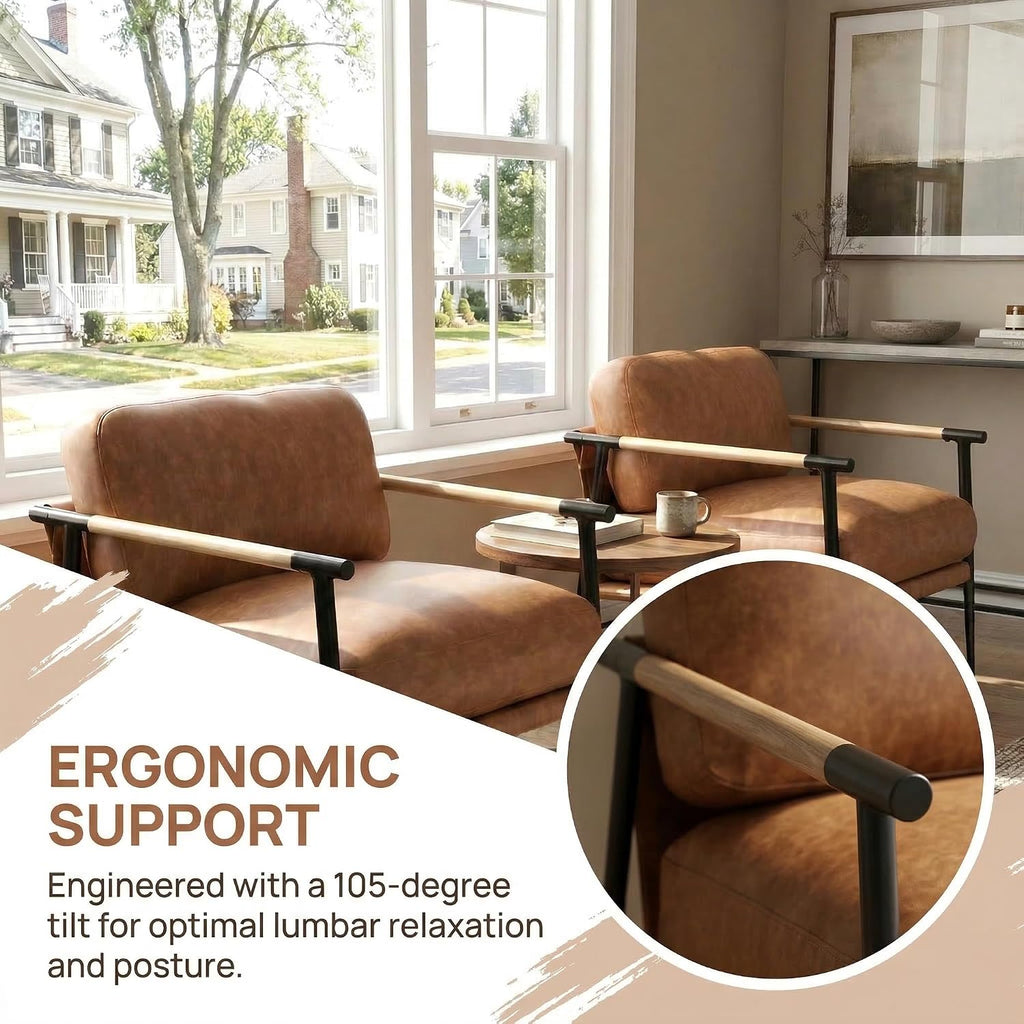 LukeAlon PU Leather Accent Chairs Set of 2 Brown Lounge Chairs with Metal Legs Modern Armchairs Upholstered Mid-Century Comfy Leisure Chair for Bedroom Living Room Reception Area