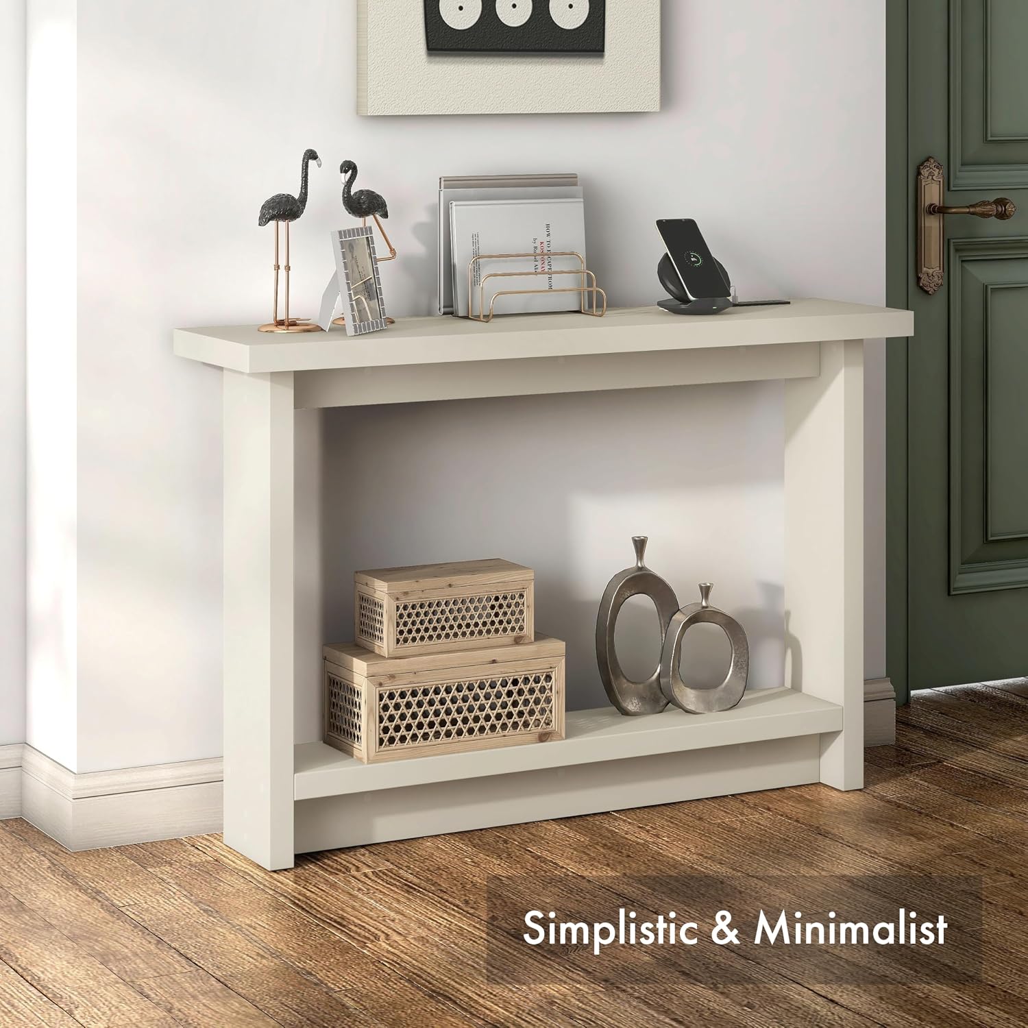 24/7 Shop at Home Elvis 32 inch Modern Wooden Console Table with Charging Station, USB Ports and Shelf, Behind Couch Furniture for Living Room, Entryway, Foyer, Hallway, Office, Soft White