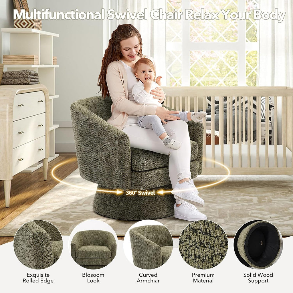 360° Swivel Barrel Accent Chair, Modern Chenille Upholstered Armchair with Curved Back, Soft Cushion & Arms, Wooden Frame, Storage Pocket, Comfy Reading Lounge Chair for Living Room, Bedroom, Office