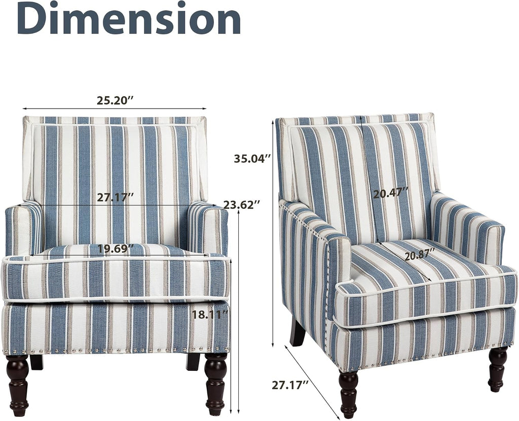 Accent Chair, Comfy Cozy Modern Mid-Century Accent Chairs, Linen Upholstered Lounge Arm Chair with Solid Wood Reading Side Padded Single for Living Room/Office/Balcony/Bedroom-Blue Stripe