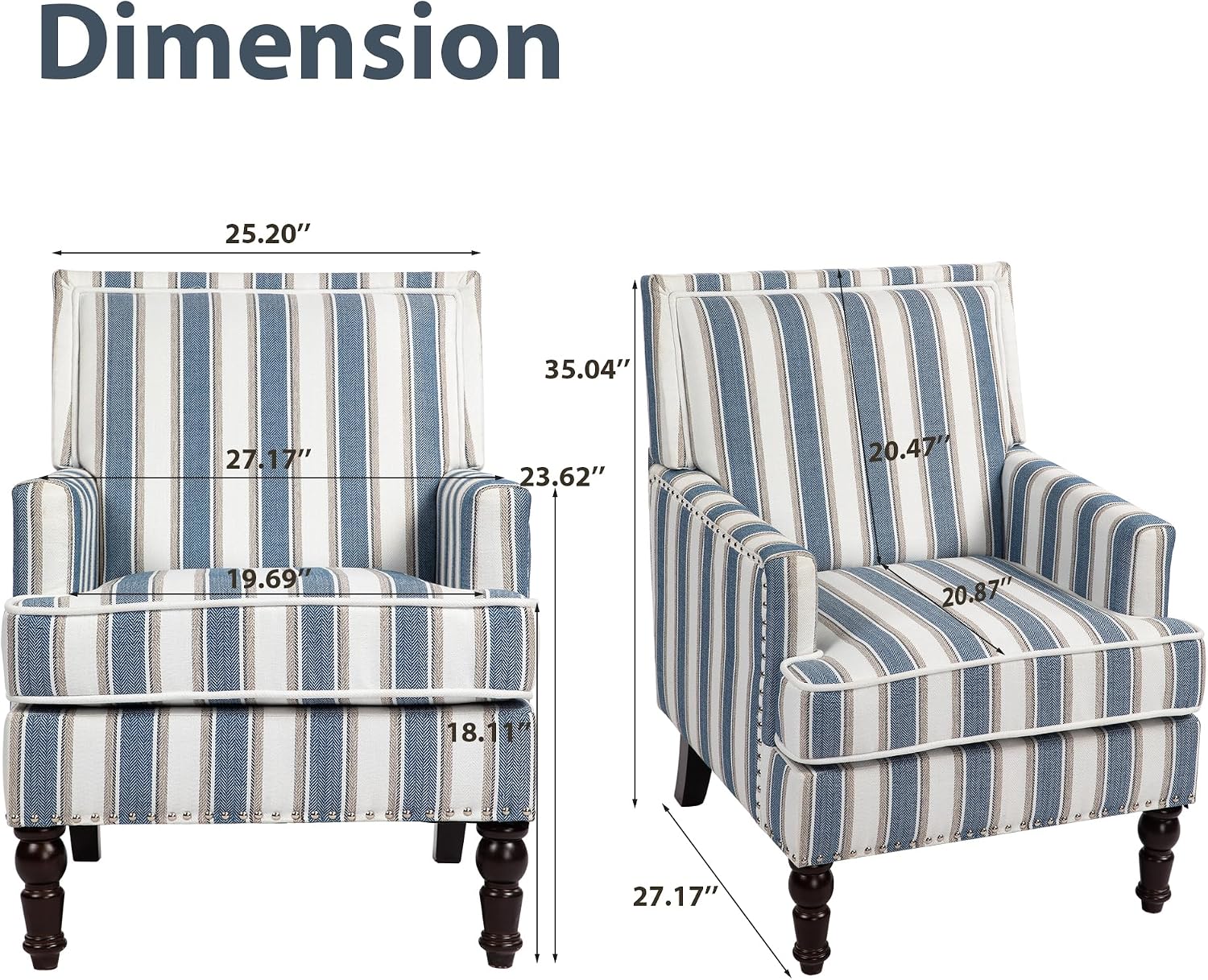 Accent Chair, Comfy Cozy Modern Mid-Century Accent Chairs, Linen Upholstered Lounge Arm Chair with Solid Wood Reading Side Padded Single for Living Room/Office/Balcony/Bedroom-Blue Stripe