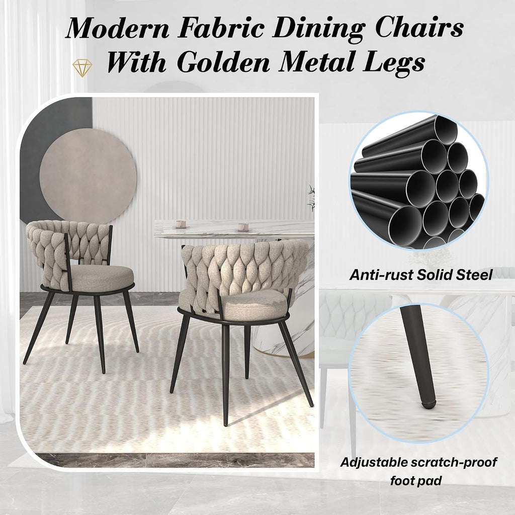 KCC Fabric Dining Chairs Set of 2, Modern Dining Chair with Metal Legs, Woven Upholstered Dining Chairs for Dining Room, Kitchen, Vanity, Living Room (Beige)