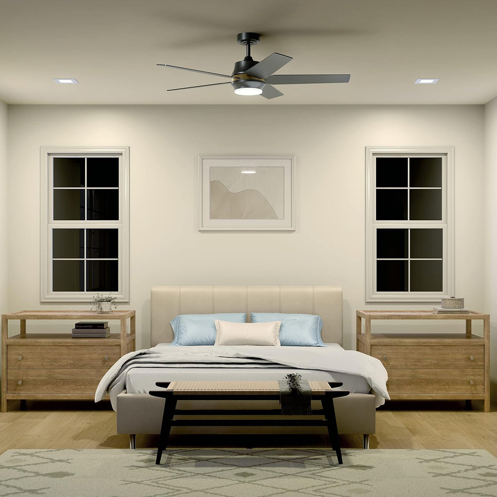 Kichler Maeve 52 in LED Ceiling Fan with Light, Modern Indoor Fan with Satin Etched Cased Opal Glass in Satin Black, Natural Brass Accent Ring, Wall Control, for Bedroom Living Room, 300059SBK