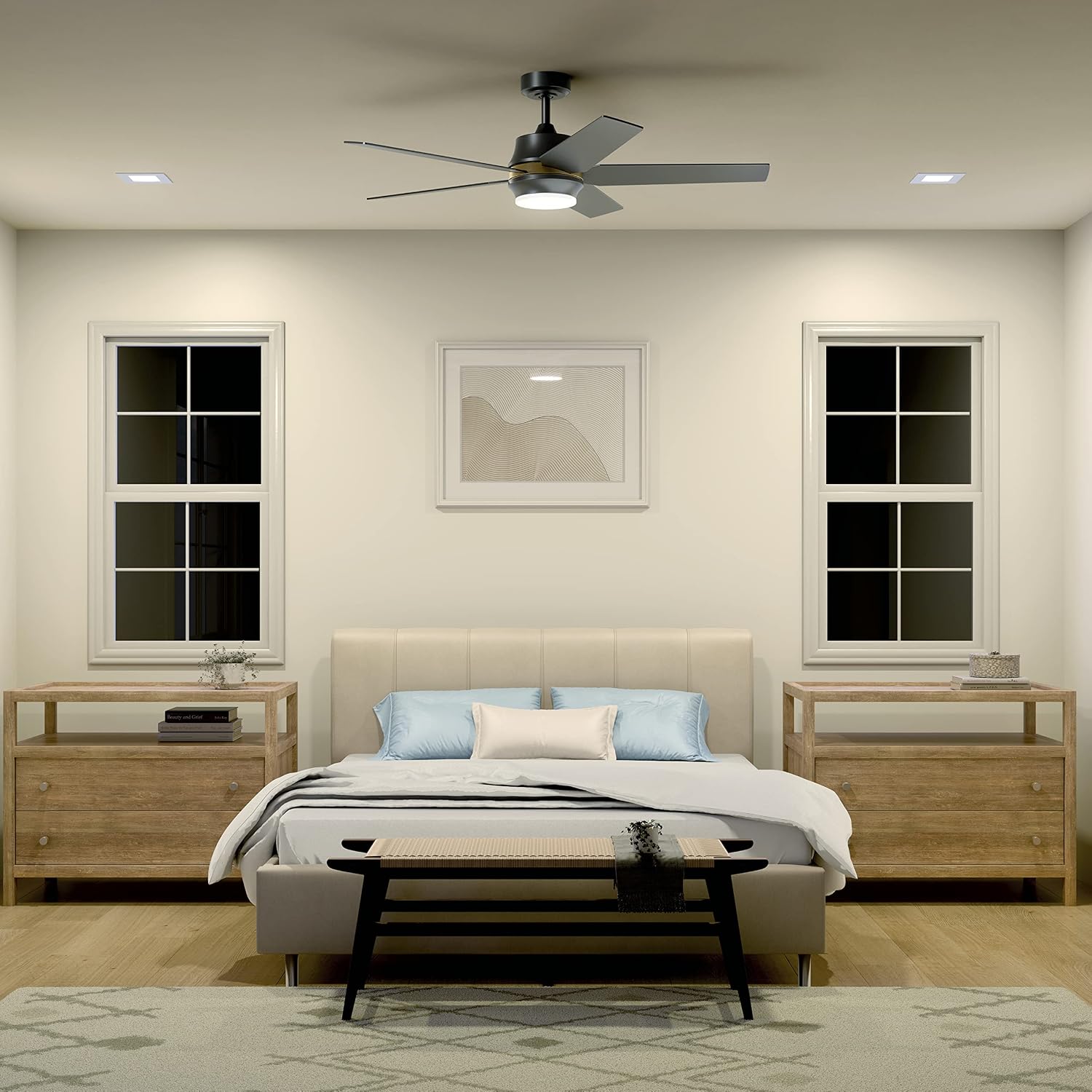 Kichler Maeve 52 in LED Ceiling Fan with Light, Modern Indoor Fan with Satin Etched Cased Opal Glass in Satin Black, Natural Brass Accent Ring, Wall Control, for Bedroom Living Room, 300059SBK