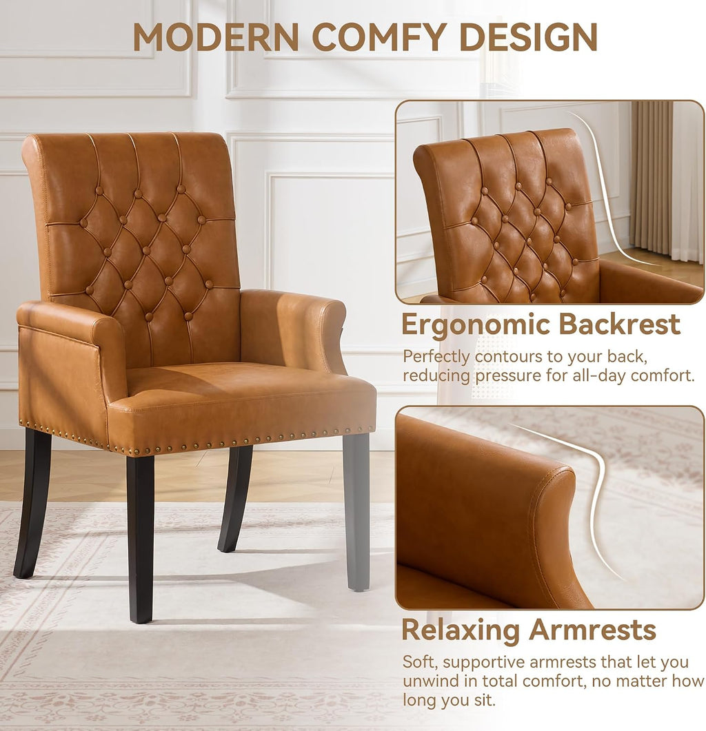 WUTUTUEE PU Leather Dining Chair with Arms, Upholstered Tufted High Back Dining Room Chairs, Accent Armchair with Solid Wood Leg and Nailhead Trim, Kitchen Dining Living Room, Brown