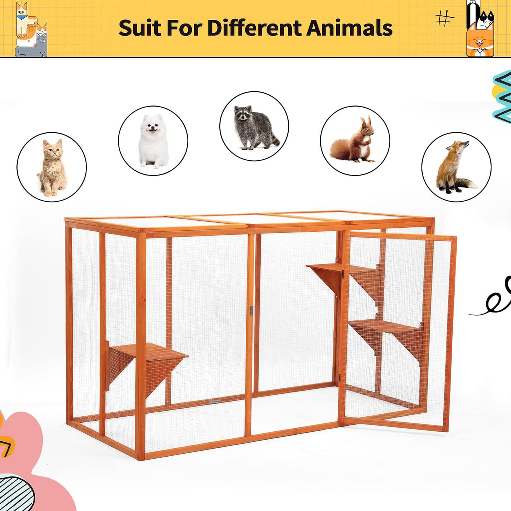 Catio Outdoor Cat Enclosure, 71' Large Weatherproof Catios with Cedar Wood Frame for cat Patio, Heavy Duty Outdoor Cat Condo & Cage, Indoor cattio for Cats (Orange-Red, Large)