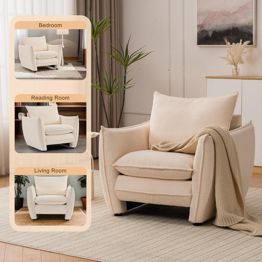 Oversized Accent Chair, Modern Single Sofa Cloud Chairs with Removable Pillow, Deep Seat Comfy Armchair for Living Room Bedroom Reading Nook - Upholstered Lounge Chair (Beige)