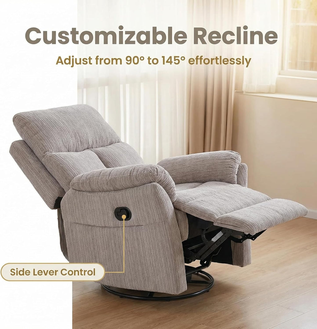 Oversized Rocker Recliner Chair, Manual Swivel Rocking Recliners with Adjustable Backrest Footrest for Adults, 360° Swivel Lazy Boy Recliner Chairs for Living Room, Reading, Bedroom, Beige