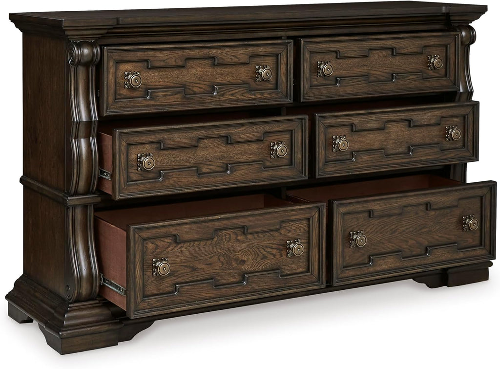 Signature Design by Ashley Maylee 6 Drawer Traditional Dresser with Mirror, Bedroom Chest of Drawers, Hardwood Solids, Oak & Ash Swirl Veneers, MDF Substrates, Cast Resin, Dark Brown