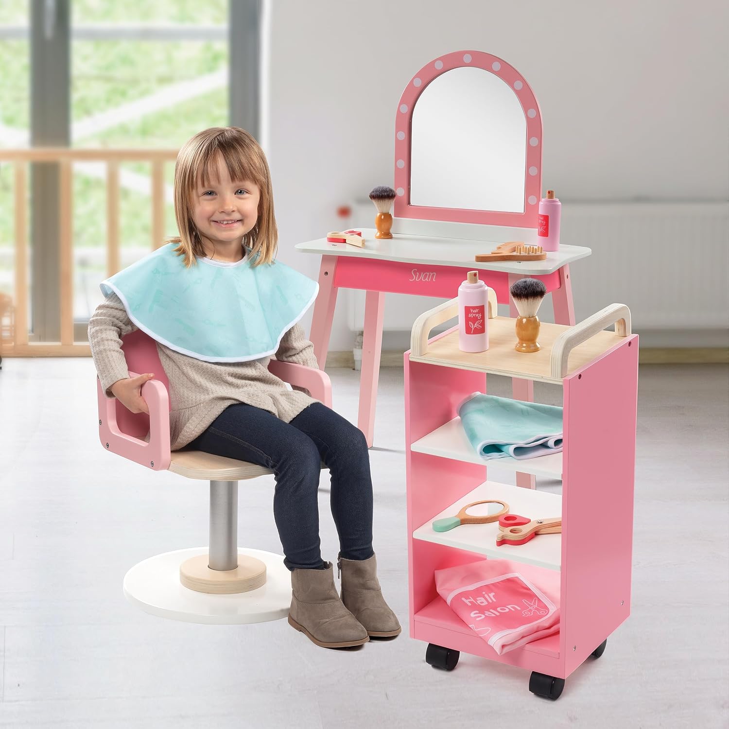 Pretend Hair Salon Wooden Play Set- Full Vanity Mirror with Chair & Rolling Cart- Playset Includes Blow Dryer, Brush, Styling Cutting Tools- Girls Hair Dresser Stand Center, Stylist Fun, Gift for Kids