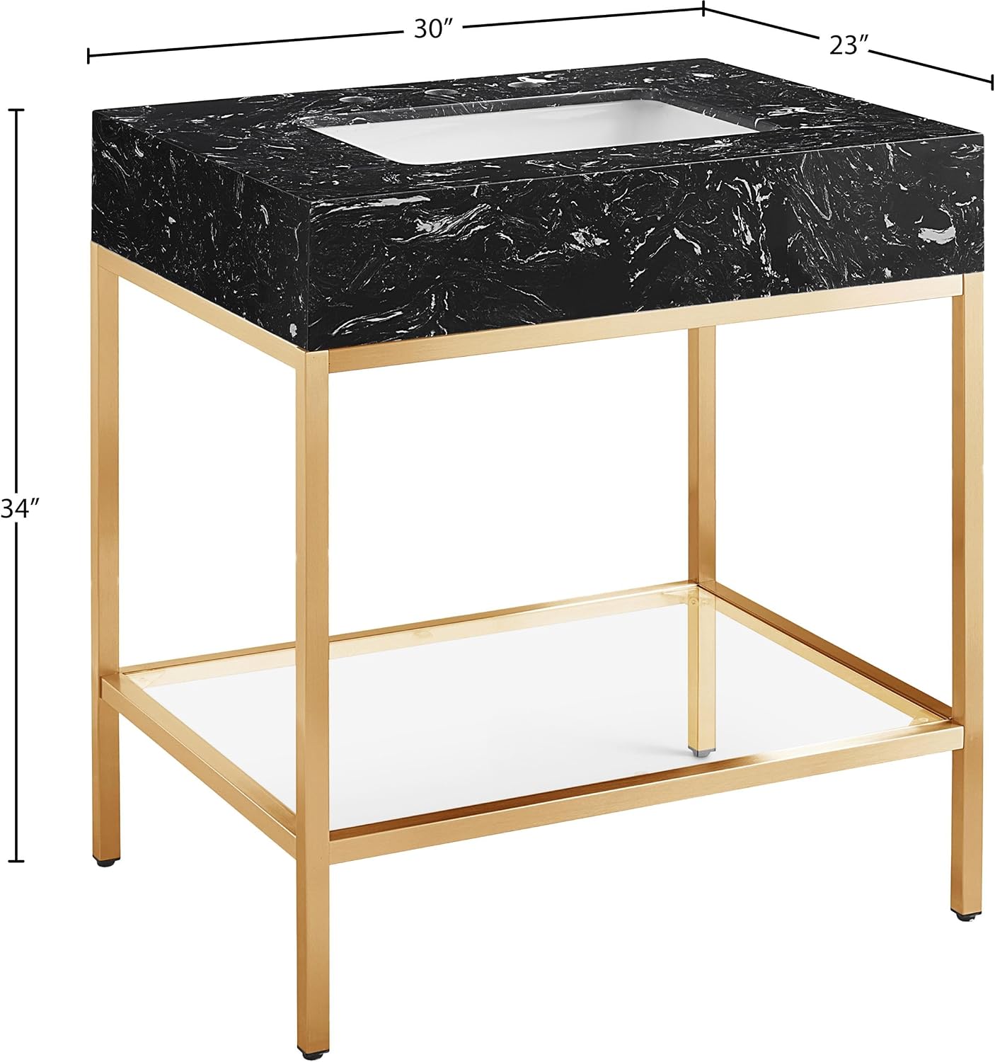 Meridian Furniture 406Black-30 Marmo Collection Modern | Contemporary Bathroom Vanity, Engineered Stone with White Veining, Brushed Brass Stainless Steel Base, 30' W x 23' D x 34' H, White