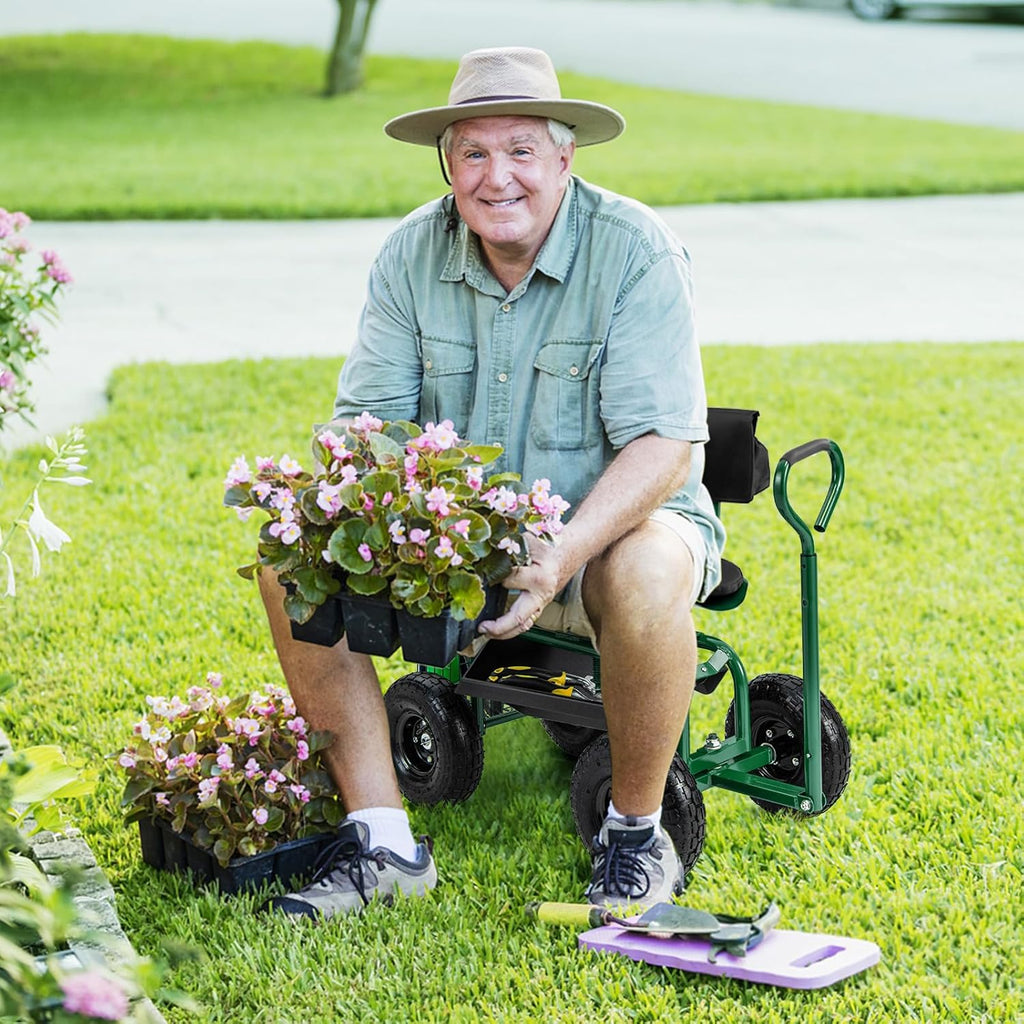 Goplus Garden Seat with Wheels, Rolling Gardening Stool with Adjustable 360° Swivel Seat, Tool Tray & Storage Basket, Extendable Handle, Outdoor Gardening Scooter, Garden Cart Workseat for Seniors