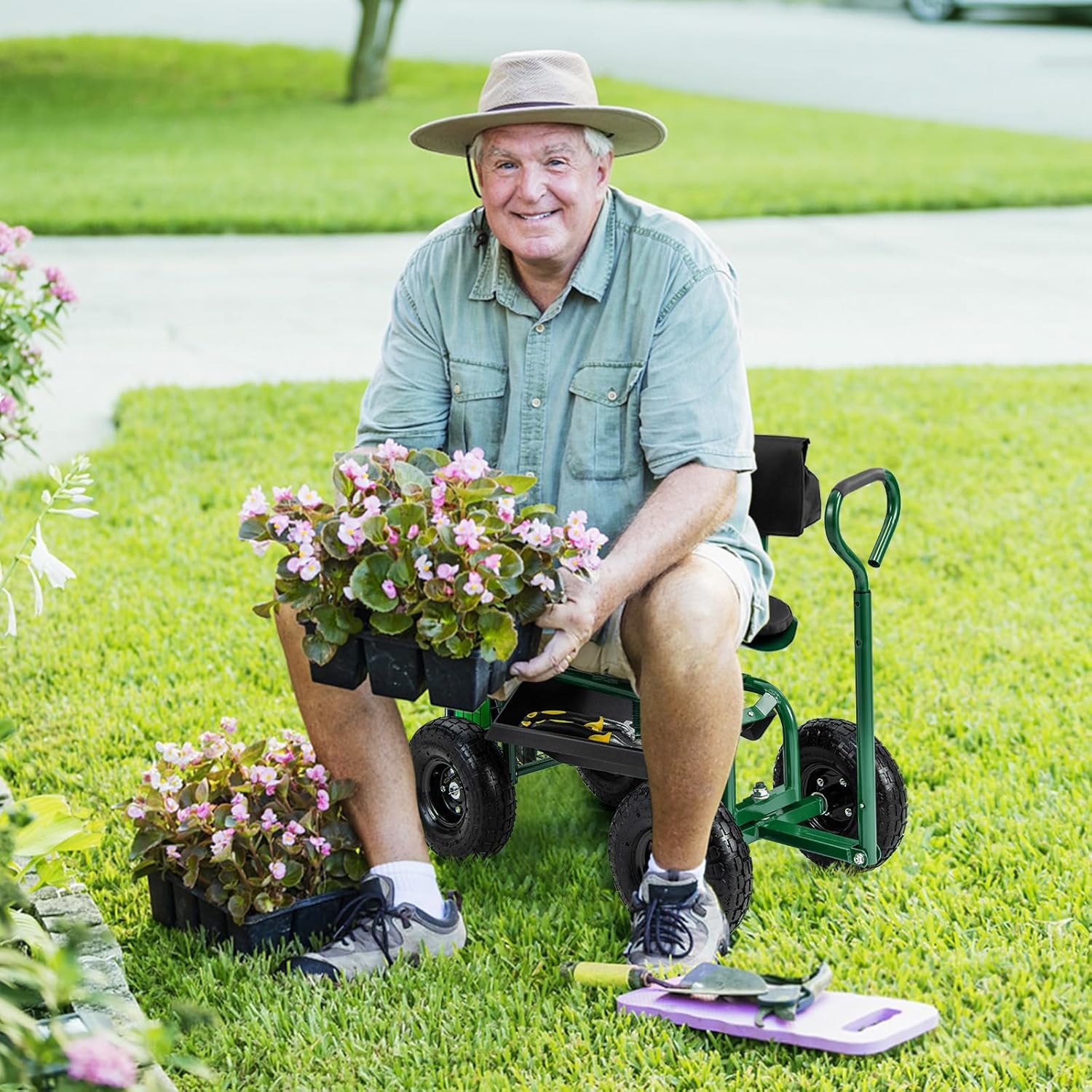 Goplus Garden Seat with Wheels, Rolling Gardening Stool with Adjustable 360° Swivel Seat, Tool Tray & Storage Basket, Extendable Handle, Outdoor Gardening Scooter, Garden Cart Workseat for Seniors