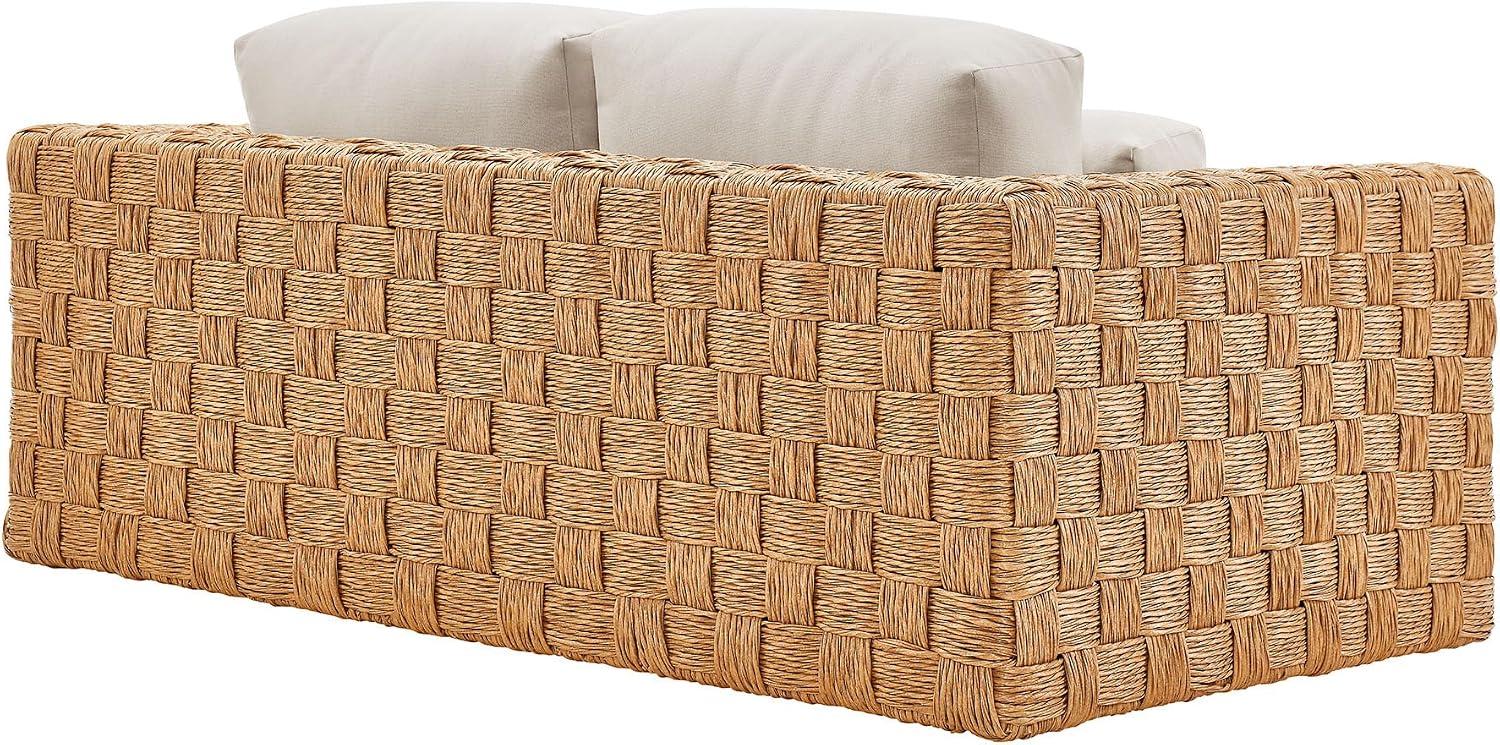 Modway Thames Wicker Rattan Outdoor Loveseat in Natural Light Gray - UV-Resistant Patio Furniture 2-Seater Basket-Weave Sofa Couch - Deep Seat Patio Cushions with 2 Throw Pillows for Backyard, Deck