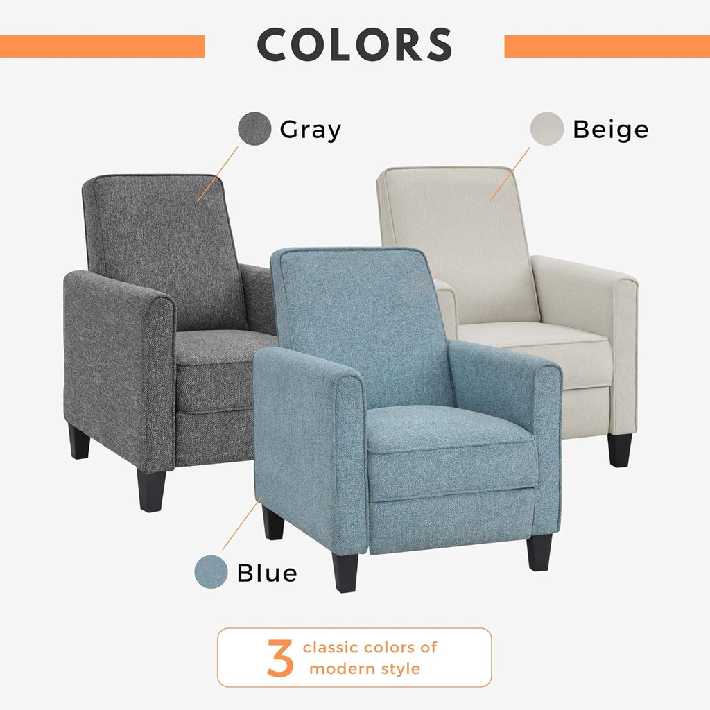 24/7 Shop at Home Mulvane Modern Recliner Chair with Push Back & Foot Rest, Single Couch with Fabric Upholstered & Plastic Legs, Sofa Reclinable Individual for Bedroom, Living Room, Home Office, Blue