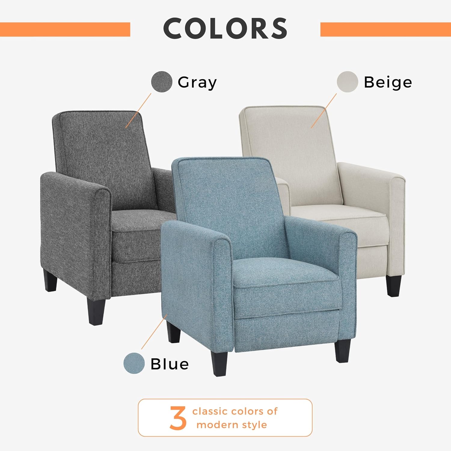 24/7 Shop at Home Mulvane Modern Recliner Chair with Push Back & Foot Rest, Single Couch with Fabric Upholstered & Plastic Legs, Sofa Reclinable Individual for Bedroom, Living Room, Home Office, Blue