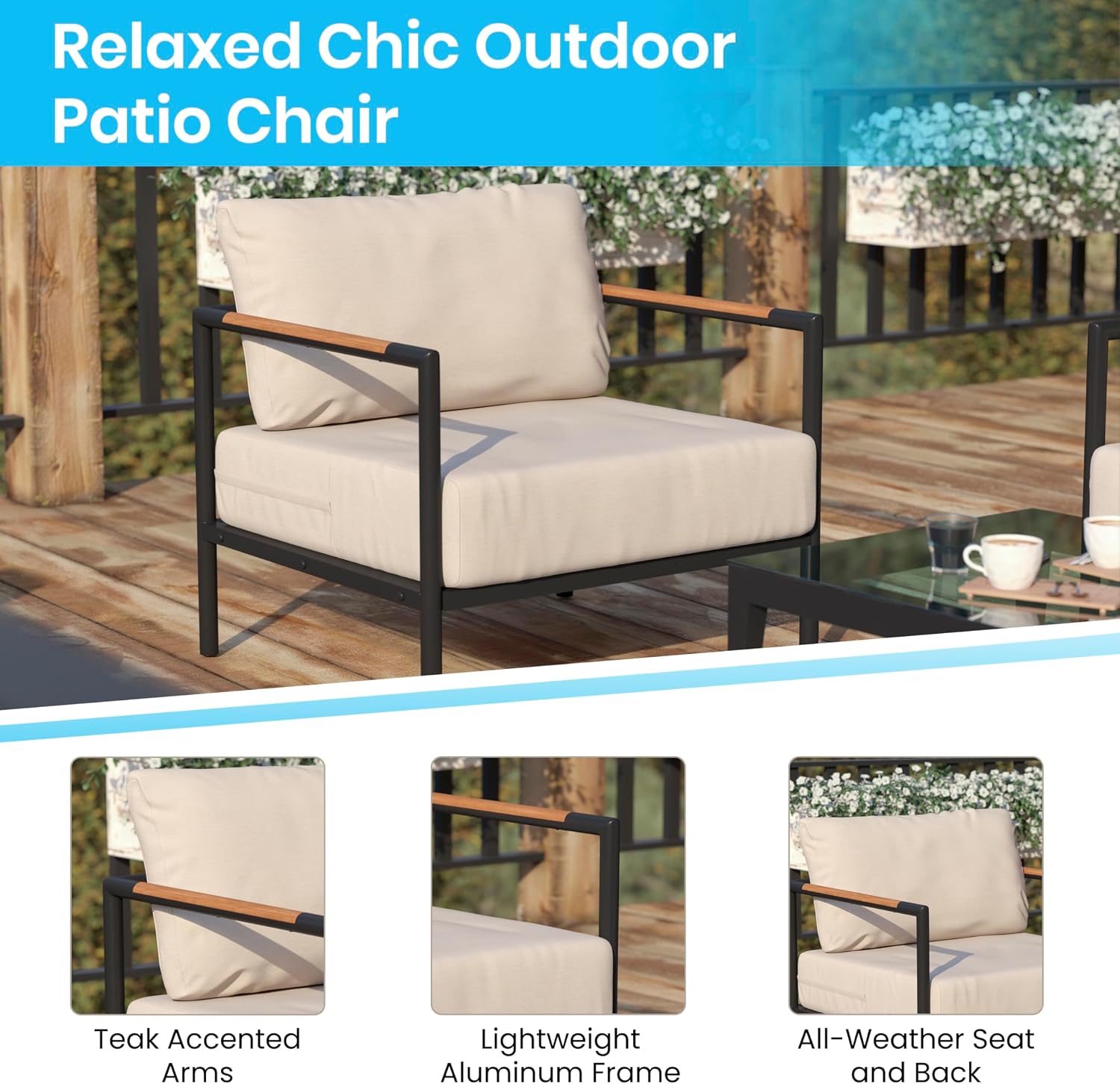 Flash Furniture Lea Indoor/Outdoor Patio Chair with Cushions - Modern Aluminum Framed Chair with Teak Accented Arms, Black with Beige Cushions