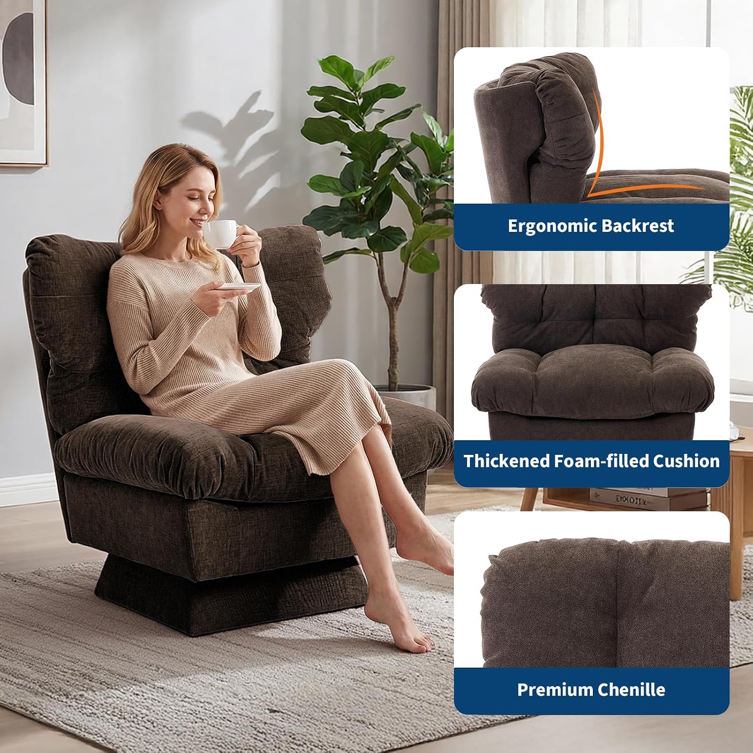 GarveeHome Chenille Swivel Accent Chair,360°Comfy Modern Sofa Chair with Oversize Base,20.8in Extended Seat with Cozy Cotton Filling,300Lb Max Load Accent Chair for Living Room, Bedroom, Office