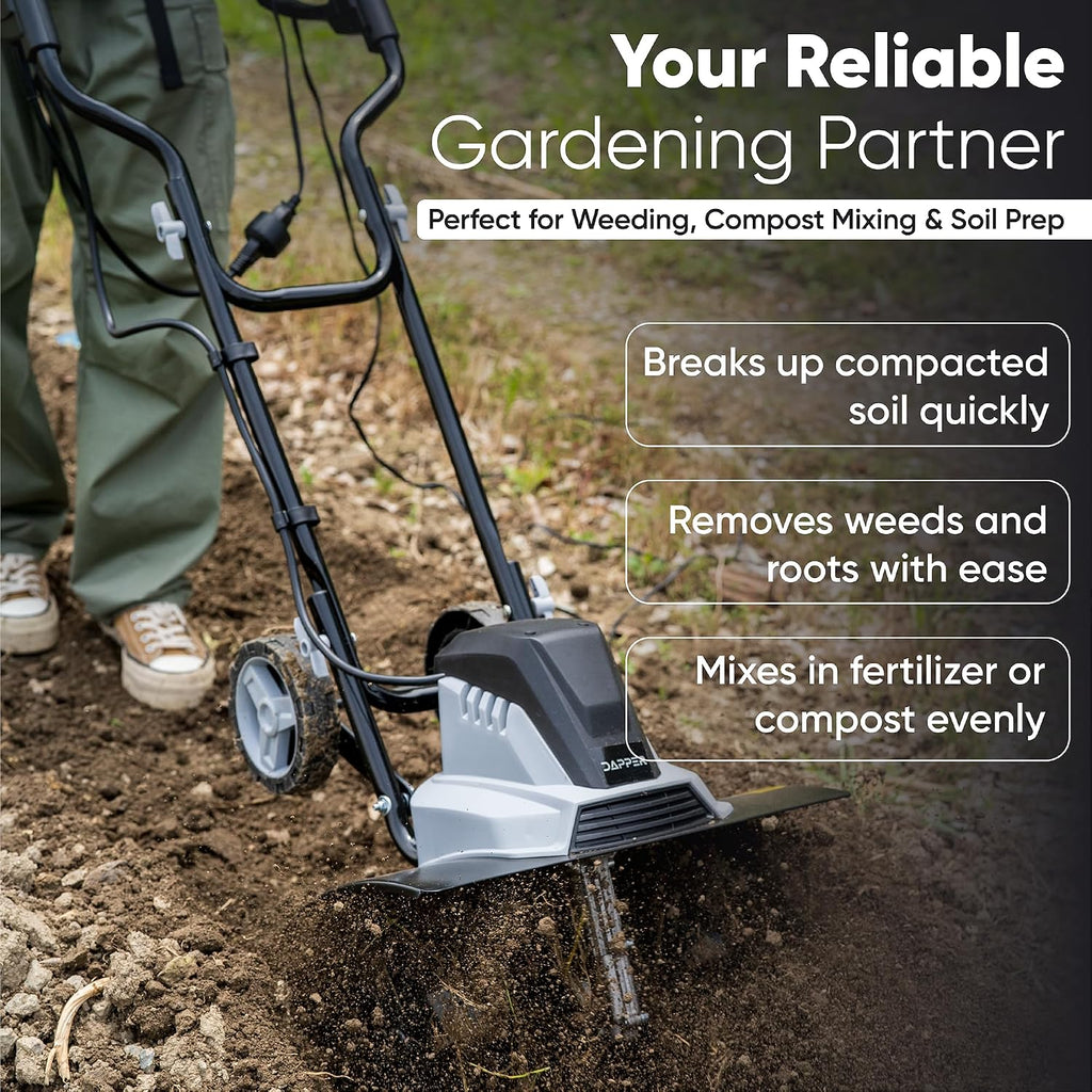 Dapper Supply 18 Electric Tiller Cultivator, 15Amp Corded Garden Rototiller with 6 Steel Tines, Adjustable Depth Wheels, Powerful Soil Cultivator for Gardening and Landscaping