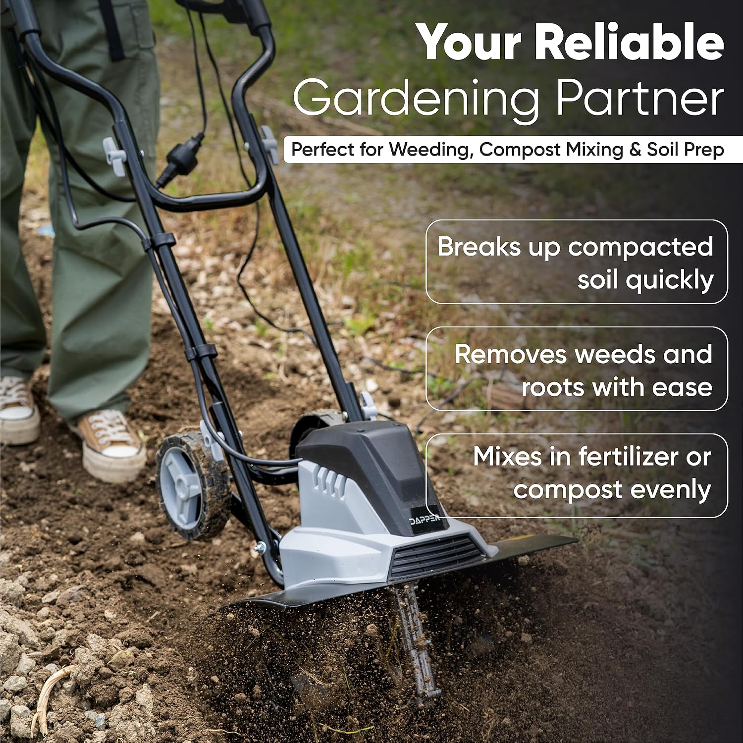 Dapper Supply 18 Electric Tiller Cultivator, 15Amp Corded Garden Rototiller with 6 Steel Tines, Adjustable Depth Wheels, Powerful Soil Cultivator for Gardening and Landscaping