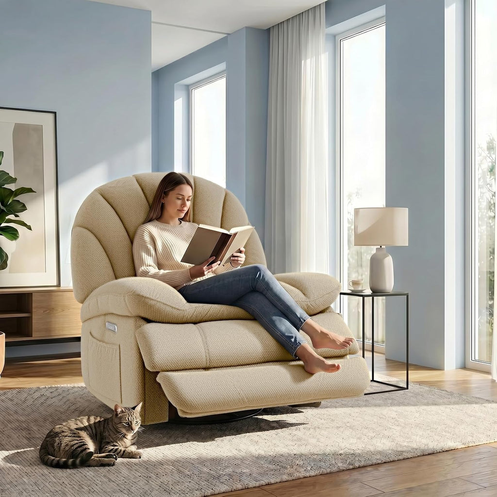 EONIX Dual Motor Power Swivel Rocking Recliner Chair for Living Room, Armless Oversized Shell Shape Lazy Boy Rocker Recliner, Plush Fabric Thickened Cushion, Elevated Soft and Comfort, Beige