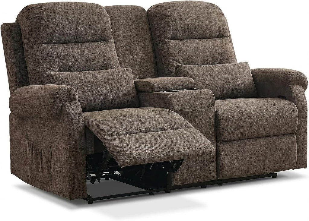 RV Loveseat Recliner with Console, Reclining Loveseat Sofa, Manual Home Theater Seating with Pockets/Cup Holders for Living Room/RV Furniture (Coffee Chenille)