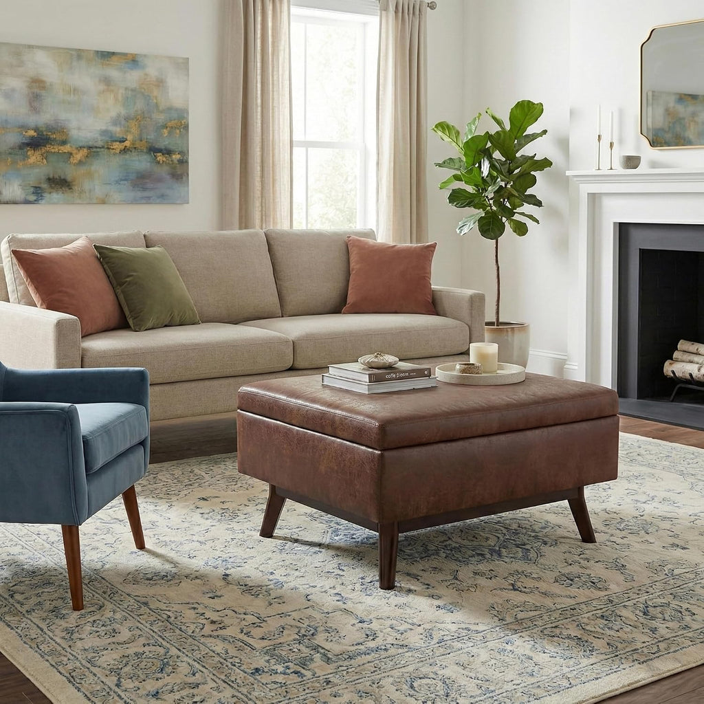 SIMPLIHOME Owen Coffee Table Storage Ottoman - 34' Wide x 19' High Upholstered Vegan Leather Rectangular Lift-Top Ottoman in Distressed Saddle Brown, Mid-Century Modern Bench with Tapered Legs