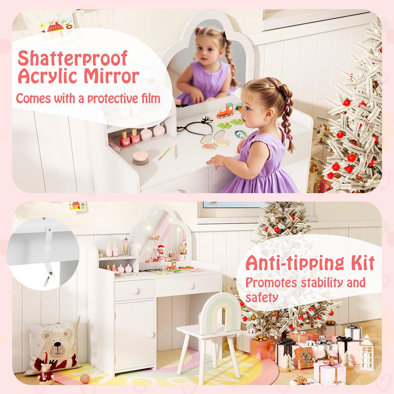 HONEY JOY Kids Vanity, Cloud Shape Wooden Girls Vanity Set with Mirror and Stool, Drawers, Storage Cabinet, Toddler Makeup Desk Dressing Table, Pretend Play Kids Vanity Table and Chair Set (White)