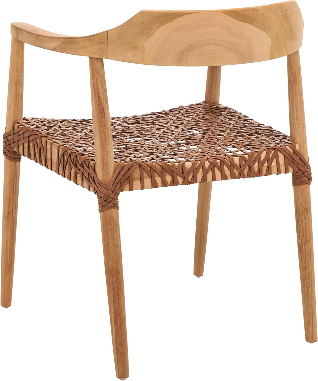 SAFAVIEH Home Collection Munro Natural Teak Wood/Light Honey Leather Woven Accent Chair (Fully Assembled)