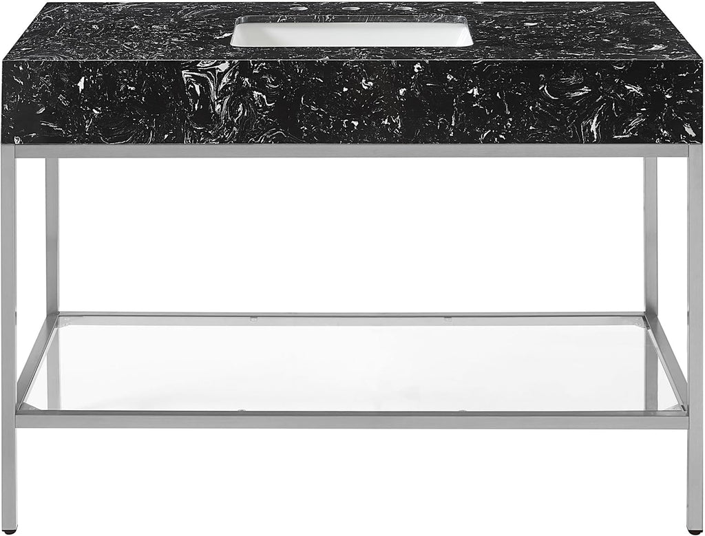 Meridian Furniture 408Black-48 Marmo Collection Modern | Contemporary Bathroom Vanity with Black Engineered Stone with White Veining, Brushed Chrome Stailness Steel Base, 48' W x 23' D x 34' H, Black