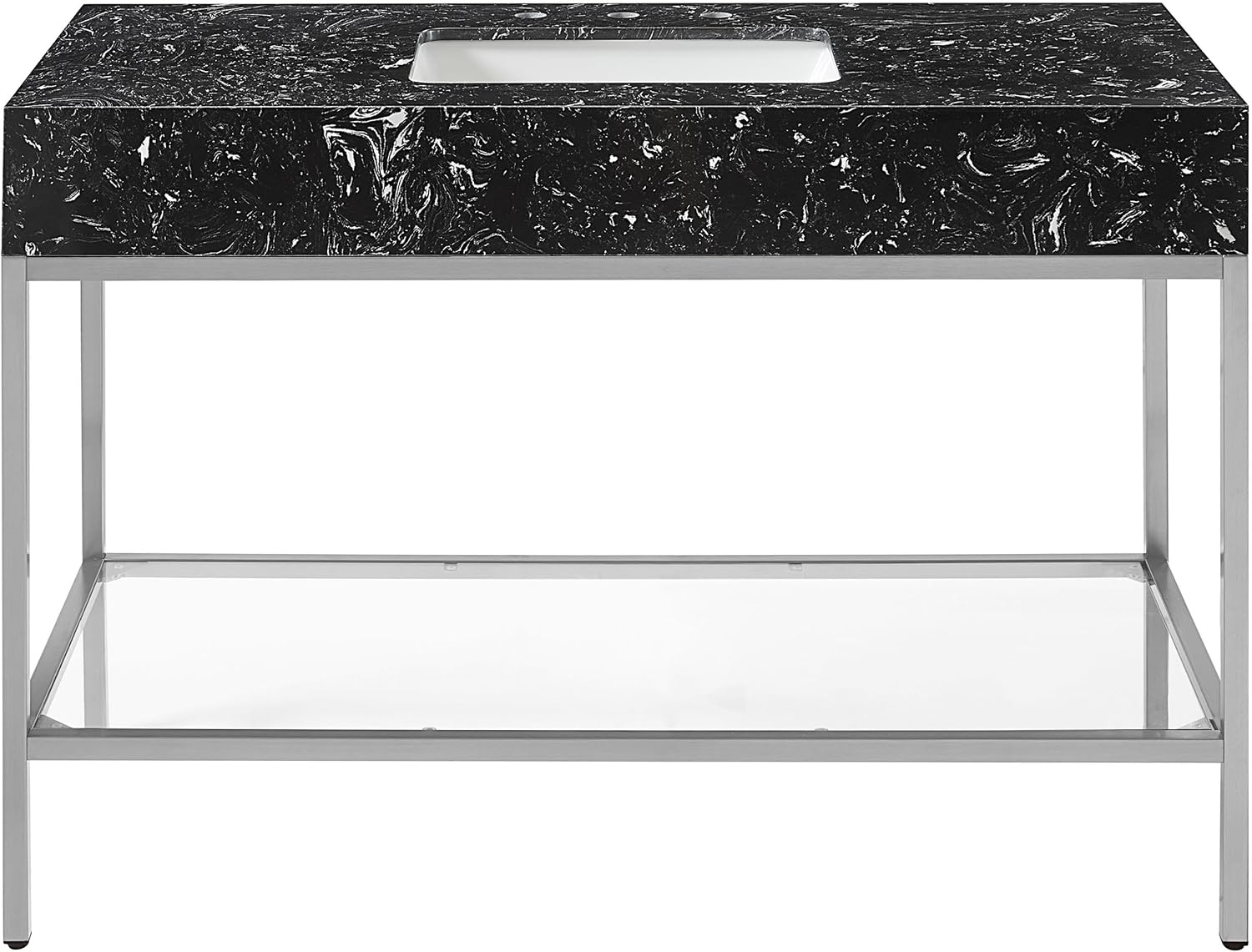 Meridian Furniture 408Black-48 Marmo Collection Modern | Contemporary Bathroom Vanity with Black Engineered Stone with White Veining, Brushed Chrome Stailness Steel Base, 48' W x 23' D x 34' H, Black
