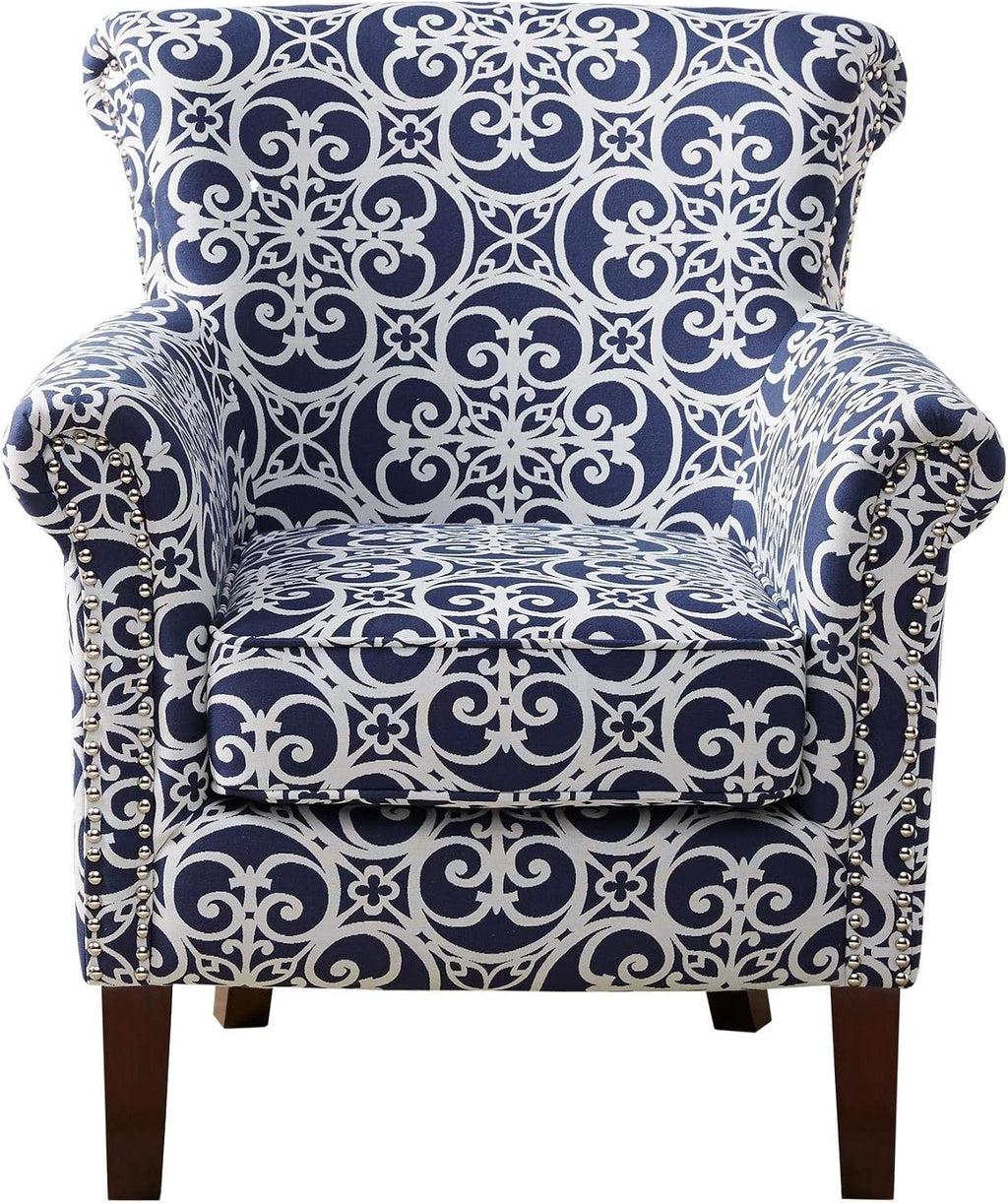 Madison Park Brooke Upholstered Accent Chair with Solid Wood Legs and Rolled Arms, Nailhead Trim, Tight Back, Fretwork Print, Chic Padded Cushion Seat Bedroom Lounge Comfy for Reading, 29.25' W, Navy