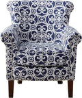 Madison Park Brooke Upholstered Accent Chair with Solid Wood Legs and Rolled Arms, Nailhead Trim, Tight Back, Fretwork Print, Chic Padded Cushion Seat Bedroom Lounge Comfy for Reading, 29.25' W, Navy