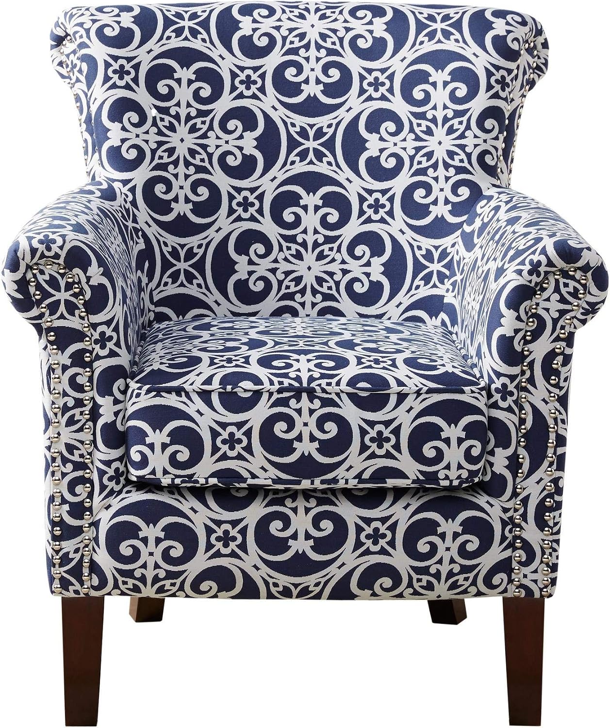 Madison Park Brooke Upholstered Accent Chair with Solid Wood Legs and Rolled Arms, Nailhead Trim, Tight Back, Fretwork Print, Chic Padded Cushion Seat Bedroom Lounge Comfy for Reading, 29.25' W, Navy