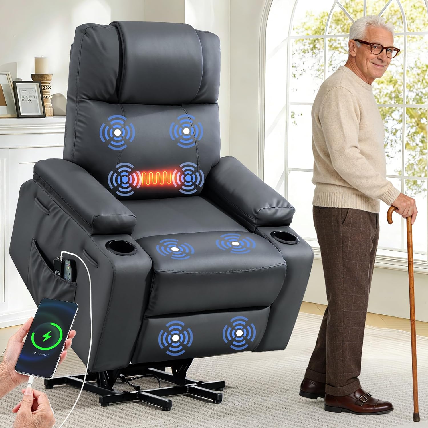 Brage Living Power Lift Recliner Chair for Elderly with Massage & Heat, PU Leather Electric Recliner with 160° Adjustable Recline, Stand Assist, Remote Control, USB Charge Port, Cup Holders (Gray)