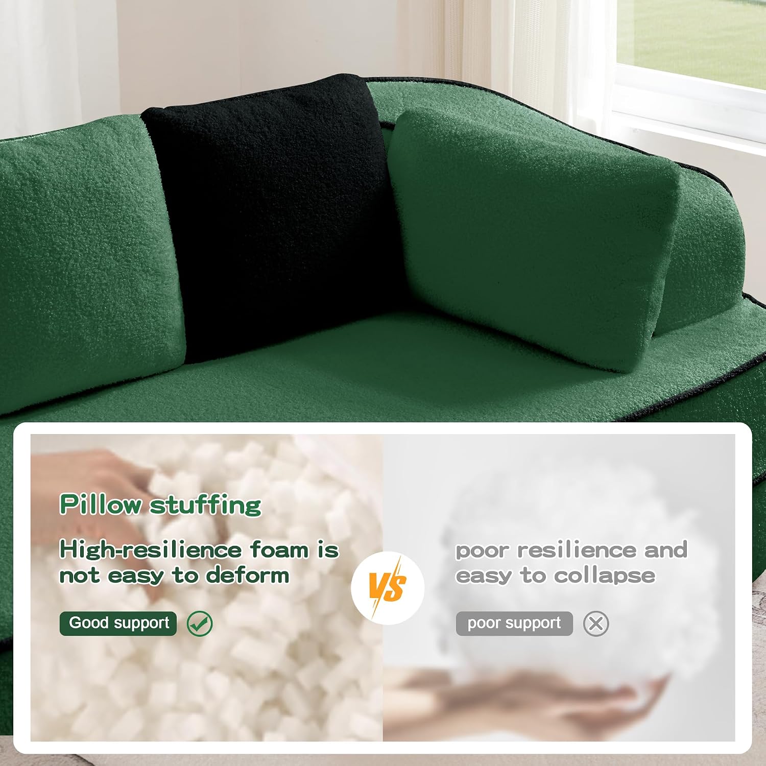 KEIKI Modular Boneless Sectional Teddy Couch with Full Chaise for Living Room, Oversized 135' Full Size Modern Luxury Sofa, for Weekend Lounging and Intimate Movie Nights, Deep Relaxation, Green