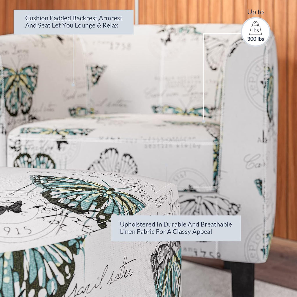 BELLEZE Accent Ottoman Set, Modern Upholstered Curved Back Chair, Barrel Round Tub Reading Chair and Footrest for Living Room Bedroom - Butterfly White/Linen