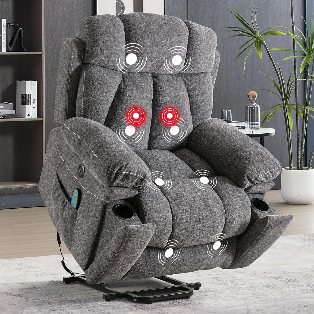 Phoenix Home Large Power Lift Recliner Chair with Massage and Heat for Elderly, Overstuffed Wide Recliners with 2 Cup Holders, Side Pocket and USB Port, Dark Gray