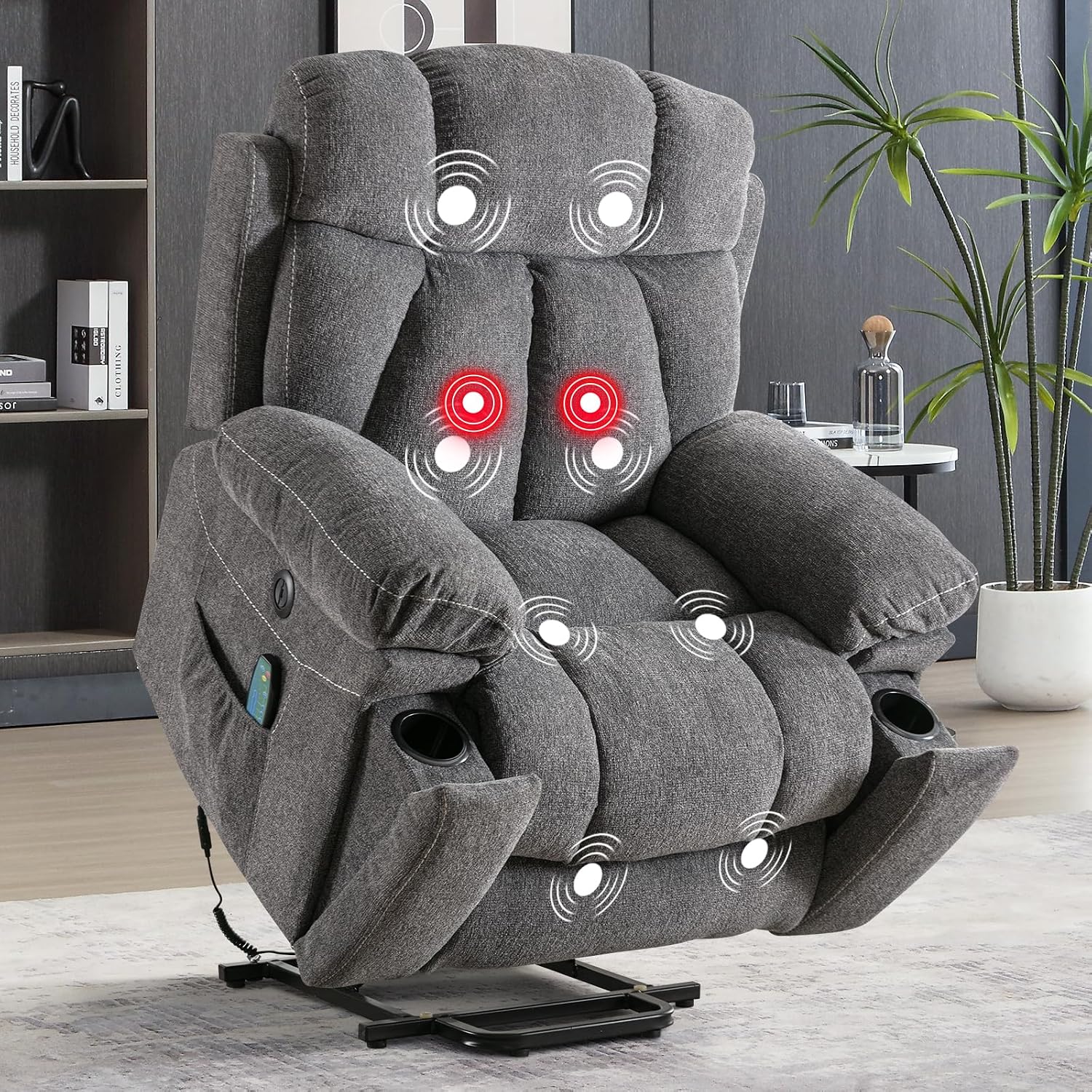 Phoenix Home Large Power Lift Recliner Chair with Massage and Heat for Elderly, Overstuffed Wide Recliners with 2 Cup Holders, Side Pocket and USB Port, Dark Gray