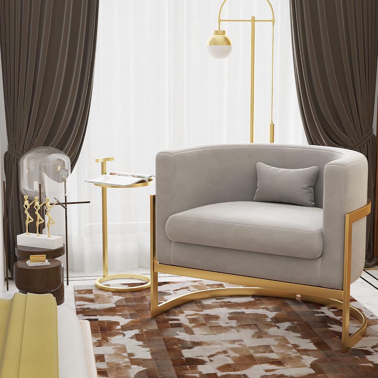 Velvet Accent Chair, Modern Barrel Chair Upholstered Armchair for Living Room Bedroom Single Sofa Chair Club Chairs Gray with Gold Legs