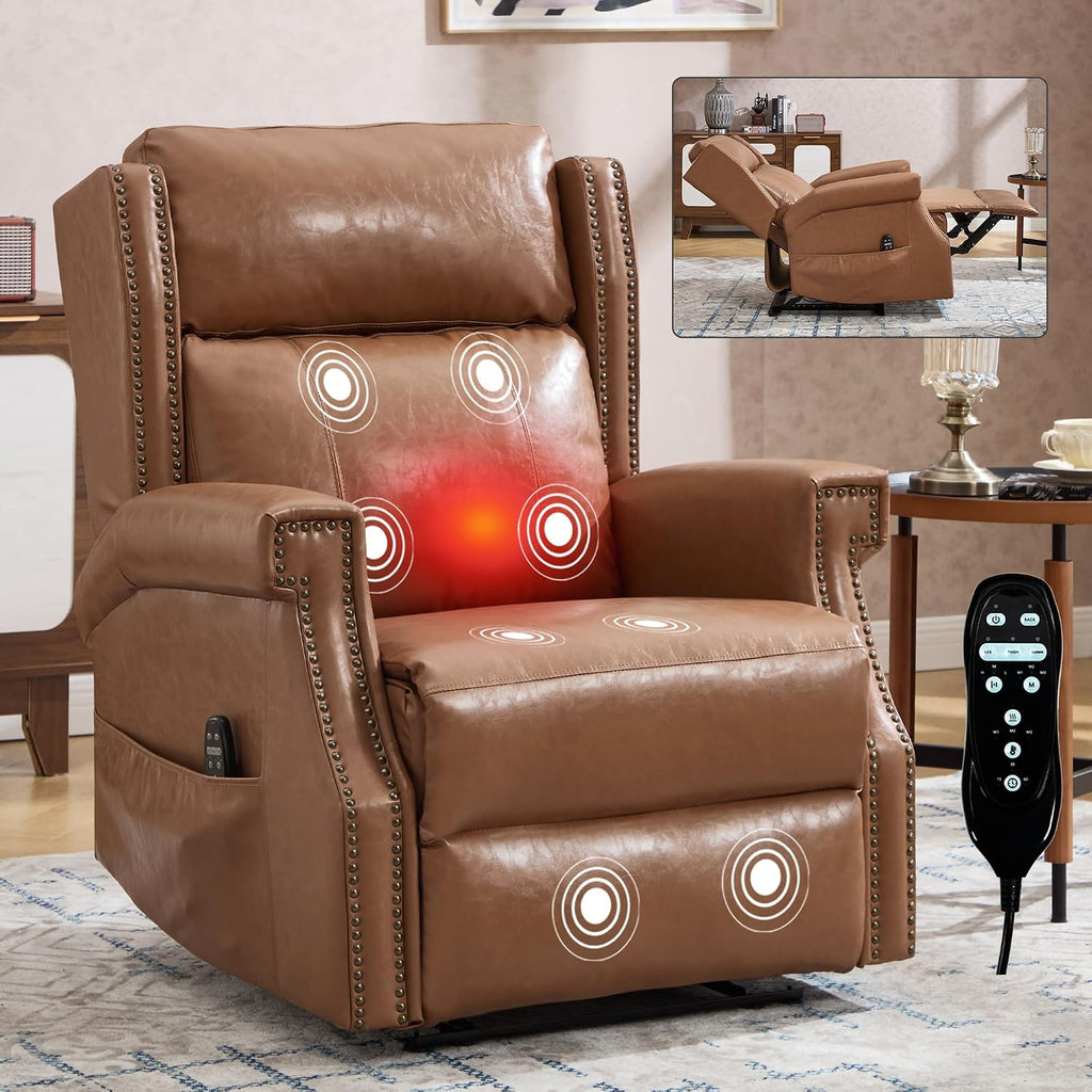 KEIKI Mid Century Modern Oversized Recliner Accent Chair for Adults, Manual Leather Recliner Chair with Back Massager and Heating for Living Room, Home Soft Rocking Lounge Reading Chair, Camel