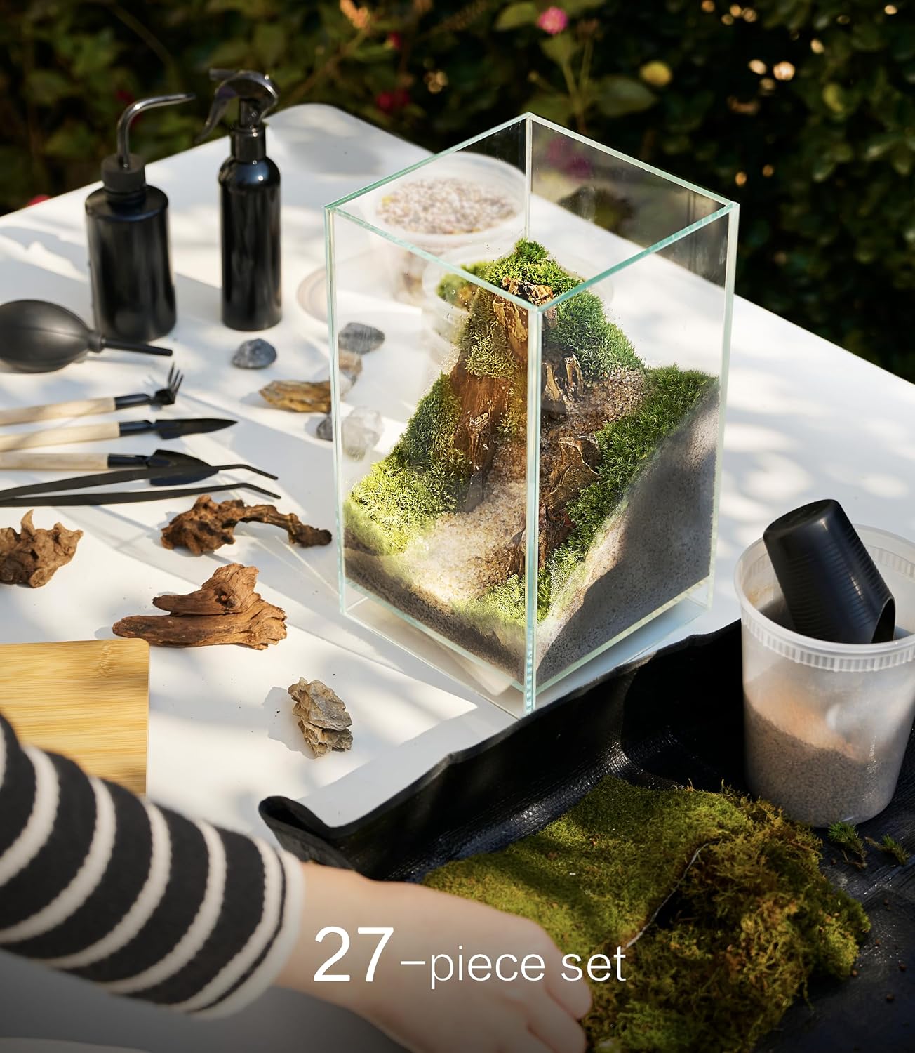 27 PCS Glass Plant Terrarium Kit with LED Grow Light– DIY Moss Terrarium Kit for Adults, Mini Garden Set for Succulent, Real Live Moss, and Air Plants – Home Office Decoration & Unique Gift fo Friend