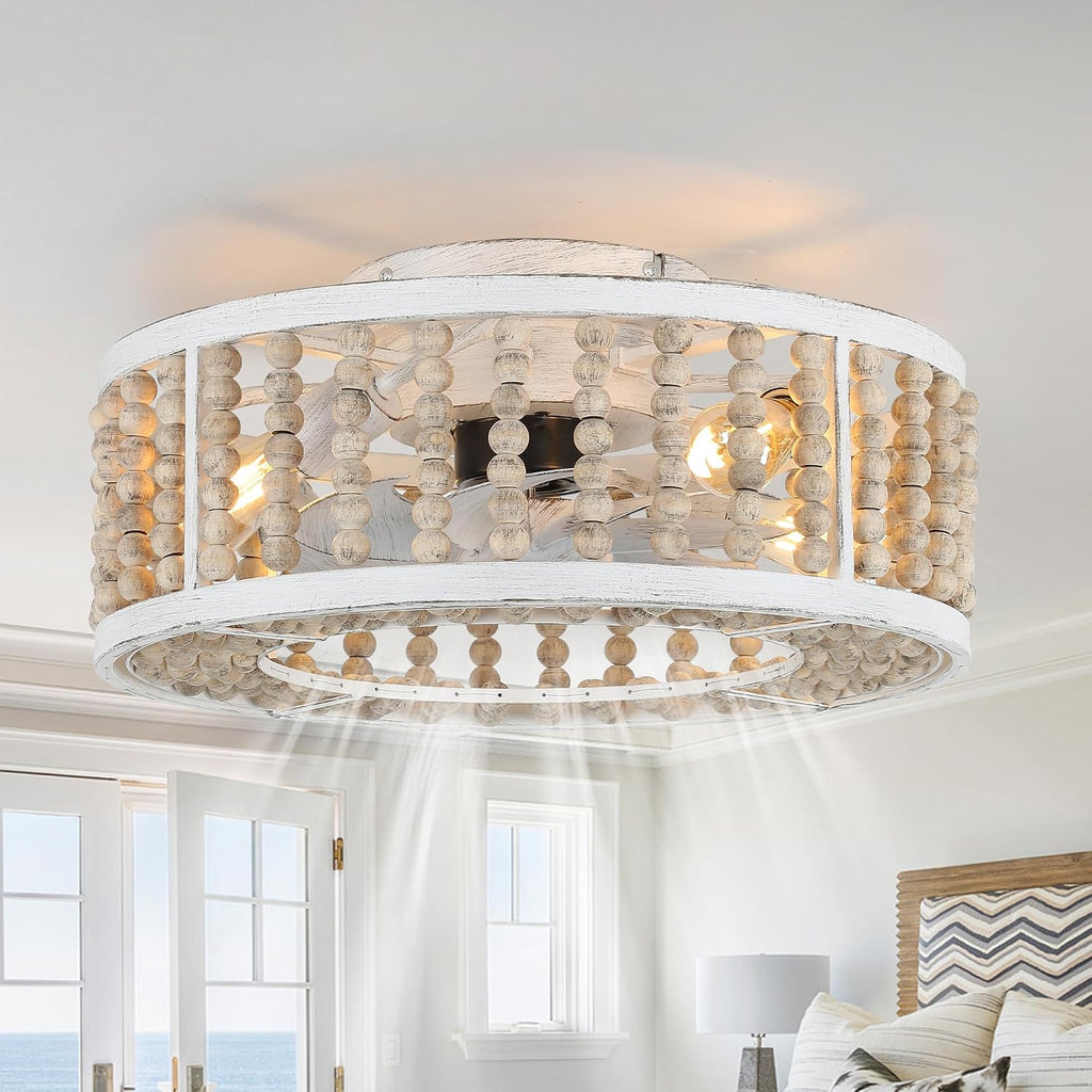 Bella Depot 20' Boho Ceiling Fan with Light, Flush Mount Wood Beaded Fandelier Chandelier Fan, 6 Speeds Reversible Bladeless Ceiling Fan for Bedroom Living Room Kitchen(Cool Wood)